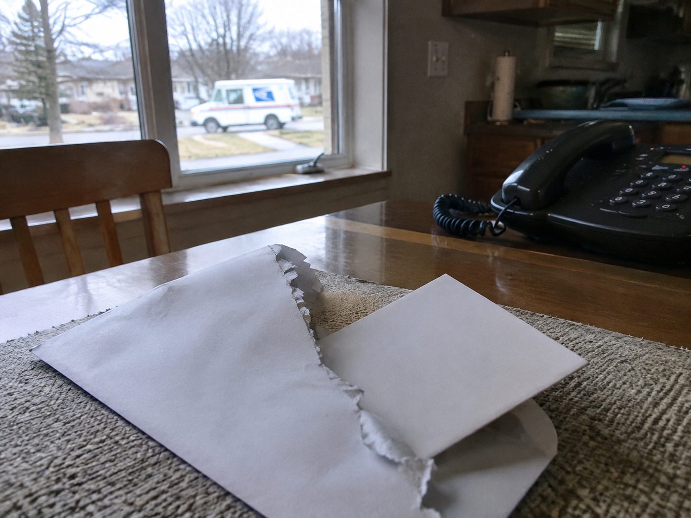 a torn mail envelope with a letter half pulled out, no text readable